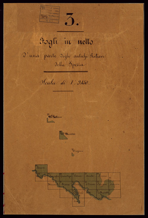 (N:16558) FOGLI IN NETTO D'UNA PARTE DEGLI ANTICHI RILIEVI DELLA SPEZIA SCALA DI 1: 9450 - QUADRO D'UNIONE. (CA002606) Carte e stampe antiche: riproduzione a colori su carta (formato A2)