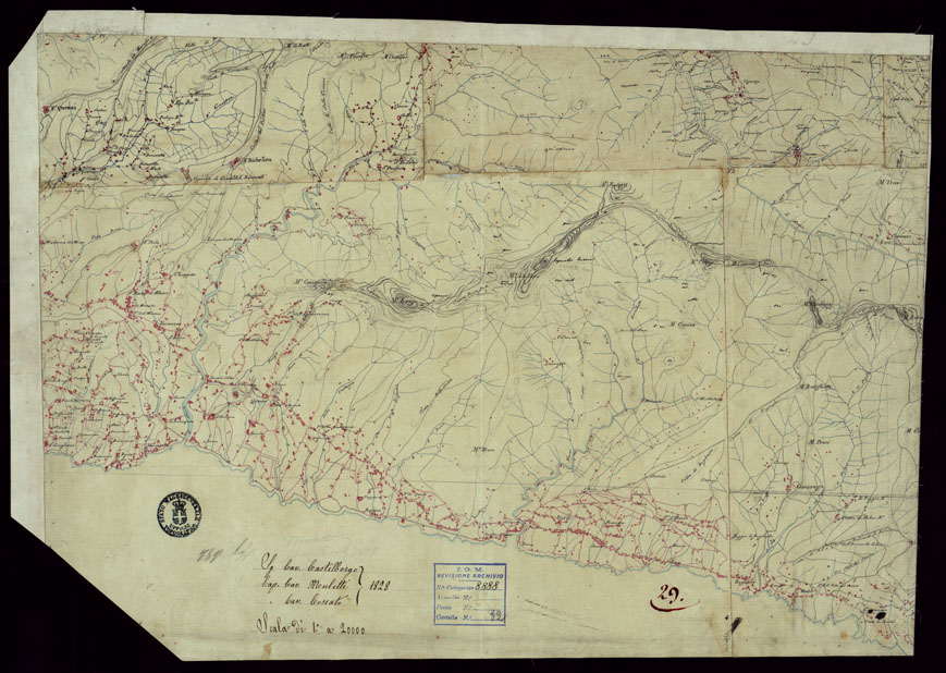(N:15383) RICOGNIZIONI ESEGUITE ALLA SCALA DI 1/20.000 CHE COMPRENDANO LE DUE RIVIERE DEGLI EX STATI SARDI E PARTE DELLE ATTUALI PROVINCIE DI ALESSANDRIA  E DI PAVIA - FOGLIO 29. (CA002660) Carte e stampe antiche: riproduzione a colori su carta (formato A2)