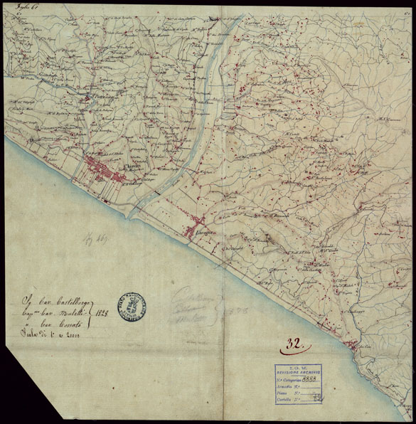 (N:15386) RICOGNIZIONI ESEGUITE ALLA SCALA DI 1/20.000 CHE COMPRENDANO LE DUE RIVIERE DEGLI EX STATI SARDI E PARTE DELLE ATTUALI PROVINCIE DI ALESSANDRIA  E DI PAVIA - FOGLIO 32. (CA002663) Carte e stampe antiche: riproduzione a colori su carta (formato A2)