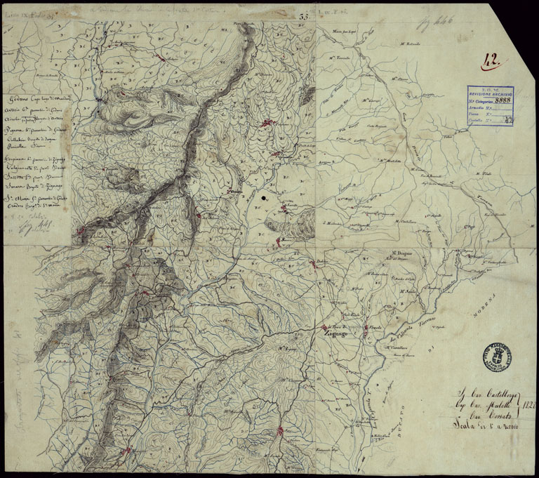 (N:15396) RICOGNIZIONI ESEGUITE ALLA SCALA DI 1/20.000 CHE COMPRENDANO LE DUE RIVIERE DEGLI EX STATI SARDI E PARTE DELLE ATTUALI PROVINCIE DI ALESSANDRIA  E DI PAVIA - FOGLIO 42. (CA002673) Carte e stampe antiche: riproduzione a colori su carta (formato A2)