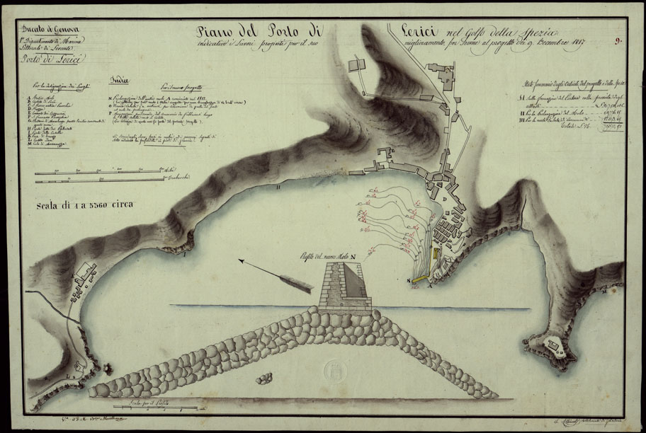 (N:13263) PIANO DEL PORTO DI LERICI NEL GOLFO DELLA SPEZIA INDICATIVO I LAVORI PROPOSTI PER IL SUO MIGLIORAMENTO PER SERVIRE AL PROGETTO DEI 9 DICEMBRE 1817 - DUCATO DI GENOVA 1 DIPARTIMENTO DI MARINA LITTORALE DI LEVANTE PORTO DI LERICI. (CA002989) Carte e stampe antiche: riproduzione a colori su carta (formato A2)