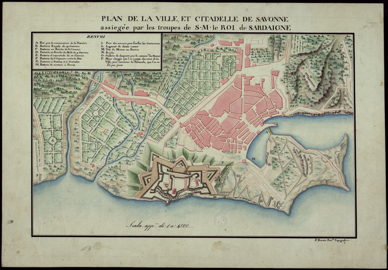 (N:14055) PLAN DE LA VILLE, ET CITADELLE DE SAVONNE ASSIGEE PAR LES TROUPES DE S.M. LE ROI DE SARDAIGNE. (CA002996) Carte e stampe antiche: riproduzione a colori su carta (formato A2)