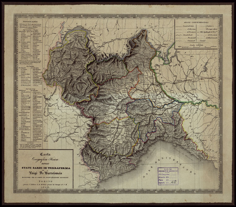(N:7856) CARTA COROGRAFICA FISICA DEGLI STATI SARDI IN TERRAFERMA D.A. LUIGI DE BARTOLOMEIS MAGGIORE NEL R. CORPO DI STATO MAGGIORE GENERALE. (CA003291) Carte e stampe antiche: riproduzione a colori su carta (formato A2)