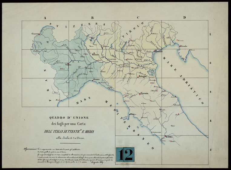 (N:24183) CONTINUAZIONE AD ORIENTE DELLA CARTA DEGLI EX-STATI SARDI AL 250.000 FOGLI B 1 E 2 C 1 e 2 INCISA LA SEMPLICE DELINEAZIONE E POCA SCRITTURA - QUADRO D'UNIONE. (CA003294) Carte e stampe antiche: riproduzione a colori su carta (formato A2)
