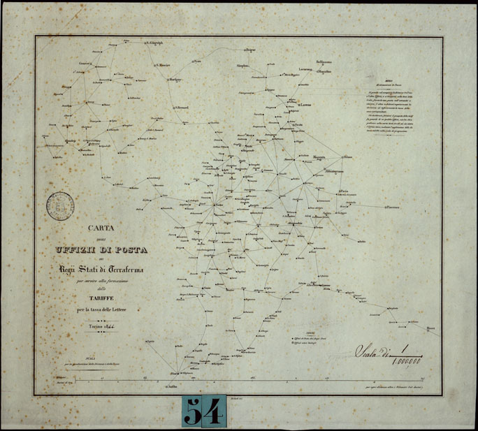 (N:6054) CARTA DEGLI UFFIZII DI POSTA DEI REGII STATI DI TERRAFERMA PER SERVIRE ALLA FORMAZIONE DELLE TARIFFE PER LA TASSA DELLE LETTERE TORINO 1844 (CA003471) Carte e stampe antiche: riproduzione a colori su carta (formato A2)