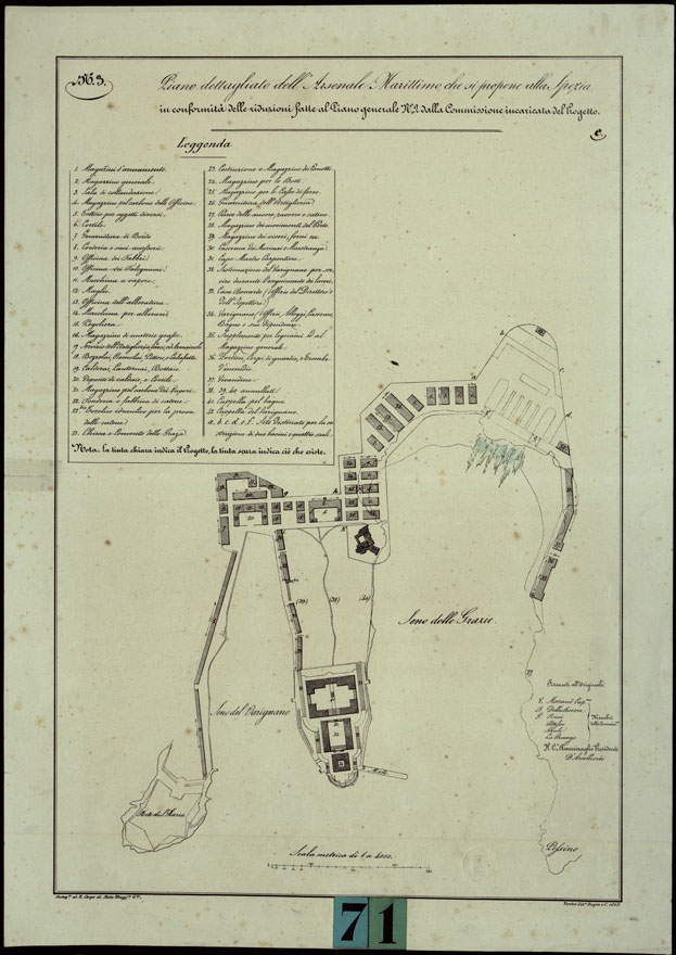 (N:13307) PIANO DETTAGLIATO DELL'ARSENALE MARITTIMO CHE SI PROPONE ALLA SPEZIA IN CONFORMITA' DELLE RIDUZIONI FATTE AL PIANO GENERALE N.2 DELLA COMMISSIONE INCARICATA DEL PROGETTO. (CA003571) Carte e stampe antiche: riproduzione a colori su carta (formato A2)