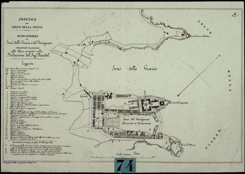 (N:1045) ARSENALE NEL GOLFO DELLA SPEZIA. PIANO GENERALE DEI SENI DELLE GRAZIE E DEL VARIGNANO DIMOSTRANTE LA POSIZIONE DELLE OPERE PROPOSTE NELLA RALAZIONE DEL SIG. RENDEL (CA003587) Carte e stampe antiche: riproduzione a colori su carta (formato A2)