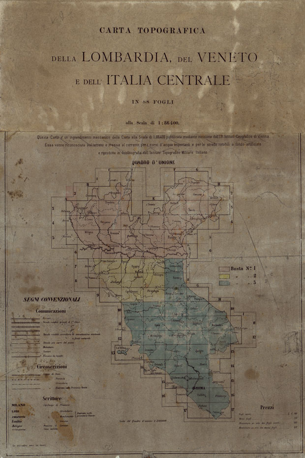 (N:11784) CARTA TOPOGRAFICA DELLA LOMBARDIA, DEL VENETO E DELL'ITALIA CENTRALE IN 88 FOGLI - QUADRO D'UNIONE (CA004237) Carte e stampe antiche: riproduzione a colori su carta (formato A2)