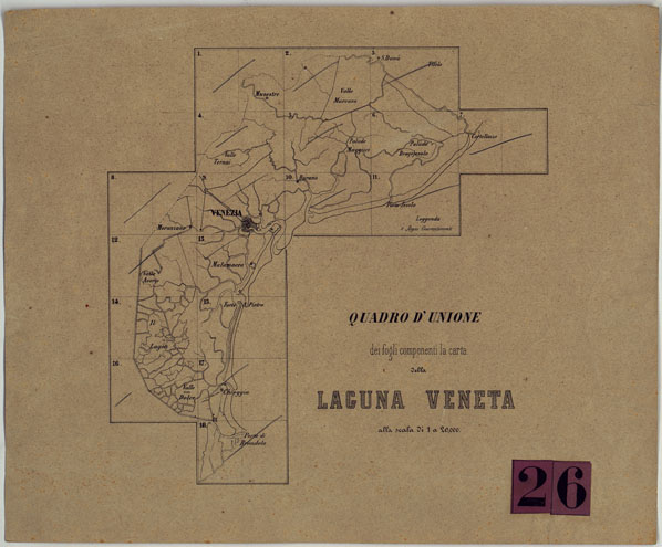 (N:16690) CARTA TOPOGRAFICA DELLA LAGUNA DI VENEZIA SCALA DI 1 A 20.000 - Quadro d'Unione (CA004908) Carte e stampe antiche: riproduzione a colori su carta (formato A2)