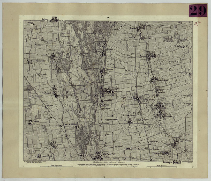 (N:9391) CARTA TOPOGRAFICA DEI CONTORNI DI MILANO RILEVATA D'IN SUL TERRENO E DISEGNATA NELLA PROPORZIONALE SCALA DI 1 A 25.000 DAL PRIMO TENENTE INGEGNERE GEOGRAFO PENSIONATO GIOVANNI BRENNA A. VALLARDI, EDIT. -TAVOLA 7 (CA004954) Carte e stampe antiche: riproduzione a colori su carta (formato A2)