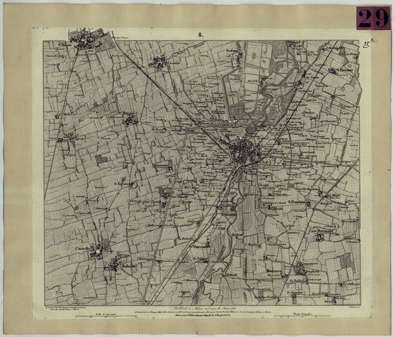 (N:9392) CARTA TOPOGRAFICA DEI CONTORNI DI MILANO RILEVATA D'IN SUL TERRENO E DISEGNATA NELLA PROPORZIONALE SCALA DI 1 A 25.000 DAL PRIMO TENENTE INGEGNERE GEOGRAFO PENSIONATO GIOVANNI BRENNA A. VALLARDI, EDIT. -TAVOLA 8 (CA004955) Carte e stampe antiche: riproduzione a colori su carta (formato A2)