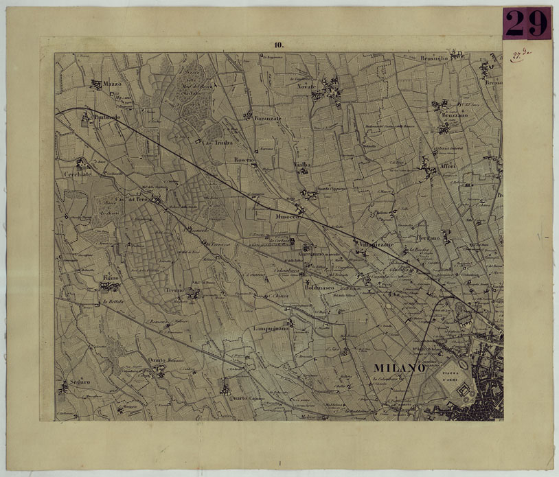 (N:9382) CARTA TOPOGRAFICA DEI CONTORNI DI MILANO RILEVATA D'IN SUL TERRENO E DISEGNATA NELLA PROPORZIONALE SCALA DI 1 A 25.000 DAL PRIMO TENENTE INGEGNERE GEOGRAFO PENSIONATO GIOVANNI BRENNA A. VALLARDI, EDIT. -TAVOLA 10 (CA004957) Carte e stampe antiche: riproduzione a colori su carta (formato A2)