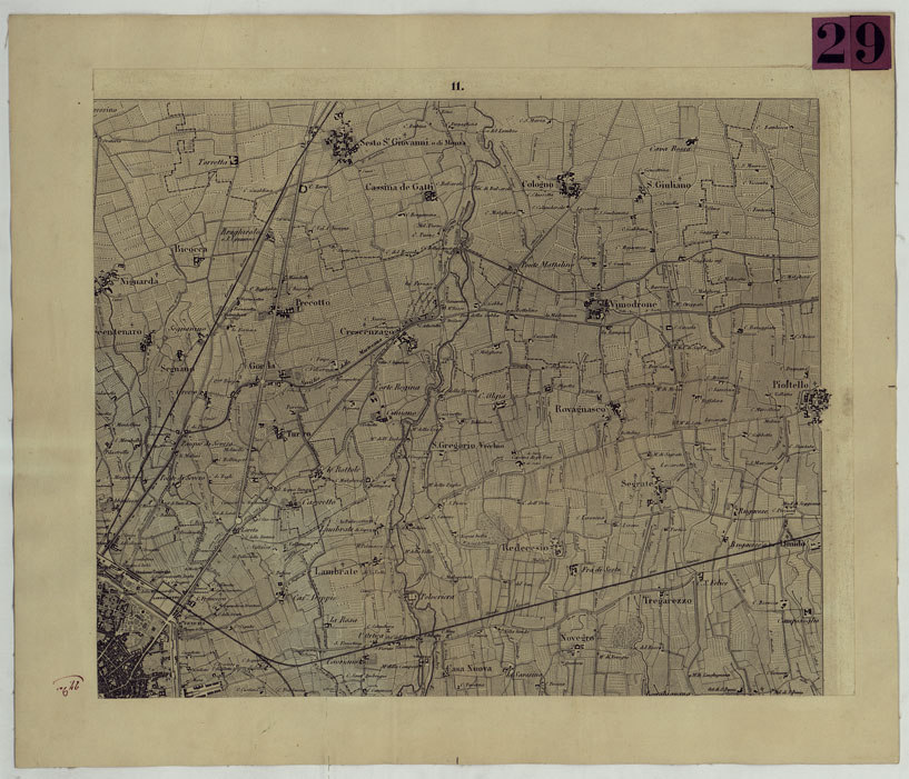 (N:9383) CARTA TOPOGRAFICA DEI CONTORNI DI MILANO RILEVATA D'IN SUL TERRENO E DISEGNATA NELLA PROPORZIONALE SCALA DI 1 A 25.000 DAL PRIMO TENENTE INGEGNERE GEOGRAFO PENSIONATO GIOVANNI BRENNA A. VALLARDI, EDIT. -TAVOLA 11 (CA004958) Carte e stampe antiche: riproduzione a colori su carta (formato A2)