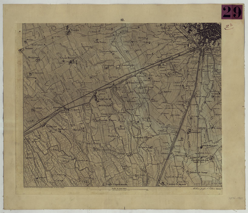 (N:9384) CARTA TOPOGRAFICA DEI CONTORNI DI MILANO RILEVATA D'IN SUL TERRENO E DISEGNATA NELLA PROPORZIONALE SCALA DI 1 A 25.000 DAL PRIMO TENENTE INGEGNERE GEOGRAFO PENSIONATO GIOVANNI BRENNA A. VALLARDI, EDIT. -TAVOLA 12 (CA004959) Carte e stampe antiche: riproduzione a colori su carta (formato A2)