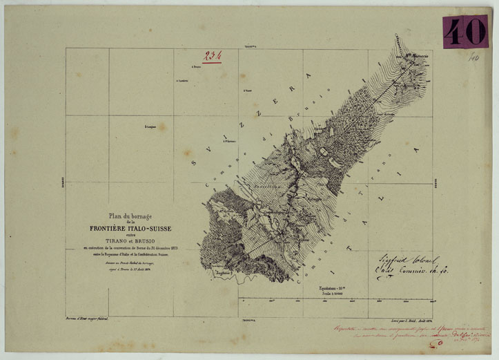 (N:24641) PLAN DU BORNAGE DE LA FRONTIERE ITALO-SUISSE ENTRE TIRANO E BRUSIO EN EXECUTION DE LA COVENTION DE BERNE DU 31 DECEMBRE 1873 ENTRE LE ROYAUME D'ITALIE ET LA CONFEDERATION SUISSE. ANNEXE AU PROCES-VERBAL DU BORNAGE SIGNE'A'TIRANO LE 27 AOUT 1874. 2 COPIA (CA005097) Carte e stampe antiche: riproduzione a colori su carta (formato A2)