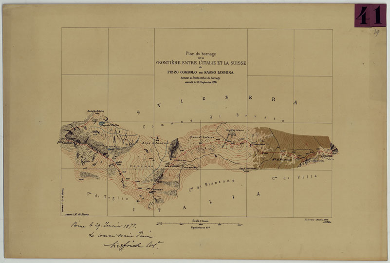 (N:24643) PLAN DU BORNAGE DE LA FRONTIERE ENTRE L'ITALIE ET LA SUISSE DU PIZZO COLOMBO AU SASSO LUGHINA. ANNEXE AU PROCES-VRBALDU BORNAGE EXECUTE' LE 29 SEPTEMBRE  1 COPIA (CA005099) Carte e stampe antiche: riproduzione a colori su carta (formato A2)