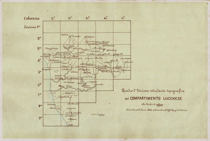 (N:6493) CARTA TOPOGRAFICA DEL COMPARTIMENTO LUCCHESE ESEGUITA D'ORDINE DI SUA ECCELLENZA IL SIGNOR TENENTE GENERALE CAV. G. DE LAUGIER CONTE DI BELLECOUR MINISTRO DELLA GUERRA - QUADRO D'UNIONE. (CA005560) Carte e stampe antiche: riproduzione a colori su carta (formato A2)