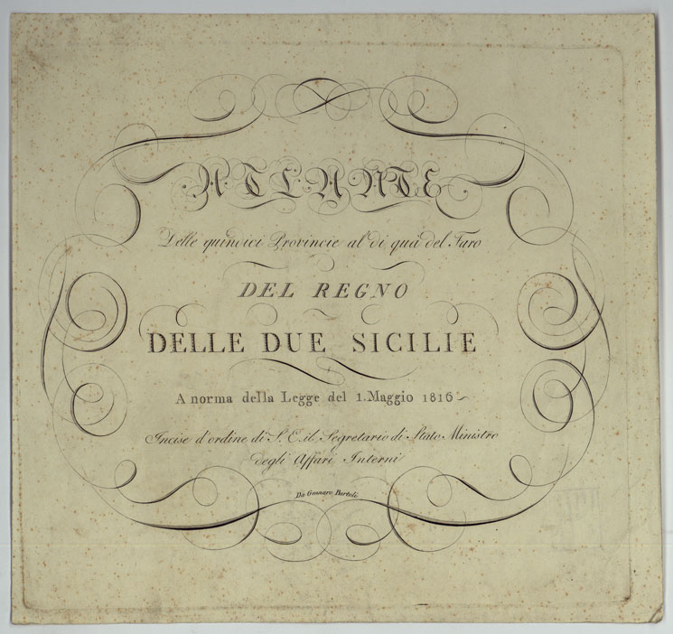 (N:320) ATLANTE DELLE QUINDICI PROVINCIE AL DI QUA DEL FARO DEL REGNO DELLE DUE SICILIE A NORMA DELLA LEGGE DEL 1 MAGGIO 1816. INCISE D'ORDINE DI S. E. IL SEGRETARIO DI STATO MINISTRO DEGLI AFFARI INTERNI DA GENNARO BARTOLI. - TITOLO. (CA007015) Carte e stampe antiche: riproduzione a colori su carta (formato A2)