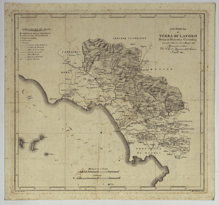 (N:319) ATLANTE DELLE QUINDICI PROVINCIE AL DI QUA DEL FARO DEL REGNO DELLE DUE SICILIE A NORMA DELLA LEGGE DEL 1 MAGGIO 1816. INCISE D'ORDINE DI S. E. IL SEGRETARIO DI STATO MINISTRO DEGLI AFFARI INTERNI DA GENNARO BARTOLI - PROVINCIA DI TERRA DI LAVORO. (CA007016) Carte e stampe antiche: riproduzione a colori su carta (formato A2)