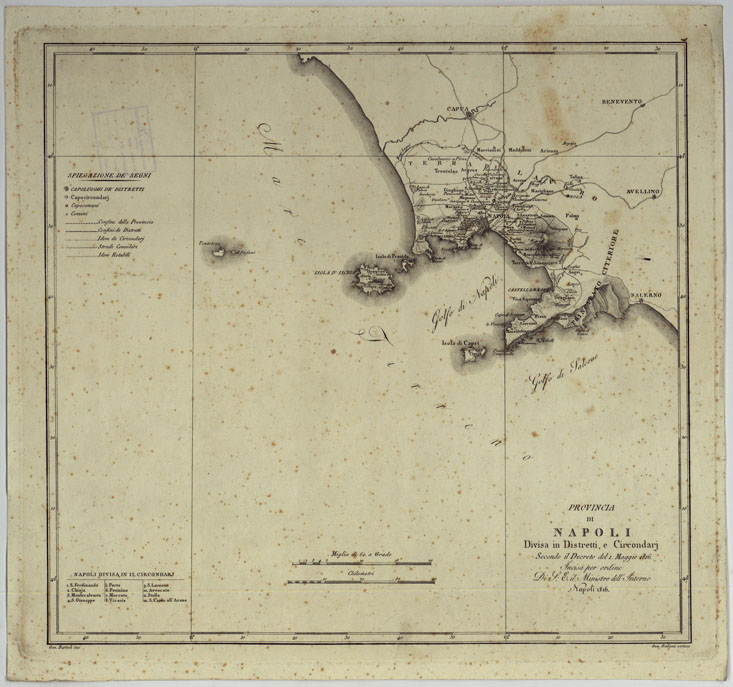 (N:307) ATLANTE DELLE QUINDICI PROVINCIE AL DI QUA DEL FARO DEL REGNO DELLE DUE SICILIE A NORMA DELLA LEGGE DEL 1 MAGGIO 1816. INCISE D'ORDINE DI S. E. IL SEGRETARIO DI STATO MINISTRO DEGLI AFFARI INTERNI DA GENNARO BARTOLI - PROVINCIA DI NAPOLI. (CA007017) Carte e stampe antiche: riproduzione a colori su carta (formato A2)