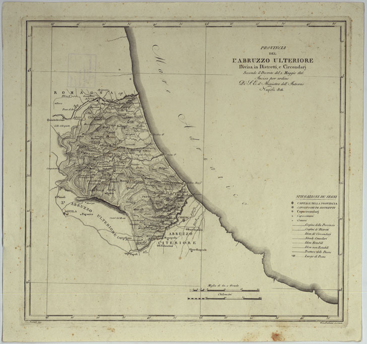 (N:309) ATLANTE DELLE QUINDICI PROVINCIE AL DI QUA DEL FARO DEL REGNO DELLE DUE SICILIE A NORMA DELLA LEGGE DEL 1 MAGGIO 1816. INCISE D'ORDINE DI S. E. IL SEGRETARIO DI STATO MINISTRO DEGLI AFFARI INTERNI DA GENNARO BARTOLI - PROVINCIA D'ABRUZZO ULTERIORE. (CA007018) Carte e stampe antiche: riproduzione a colori su carta (formato A2)