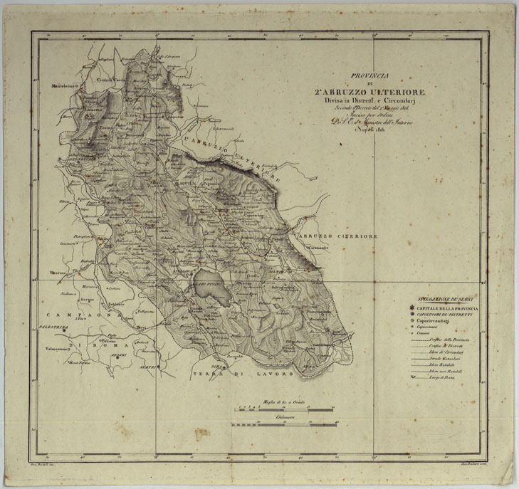 (N:305) ATLANTE DELLE QUINDICI PROVINCIE AL DI QUA DEL FARO DEL REGNO DELLE DUE SICILIE A NORMA DELLA LEGGE DEL 1 MAGGIO 1816. INCISE D'ORDINE DI S. E. IL SEGRETARIO DI STATO MINISTRO DEGLI AFFARI INTERNI DA GENNARO BARTOLI - PROVINCIA D'ABRUZZO ULTERIORE. (CA007019) Carte e stampe antiche: riproduzione a colori su carta (formato A2)