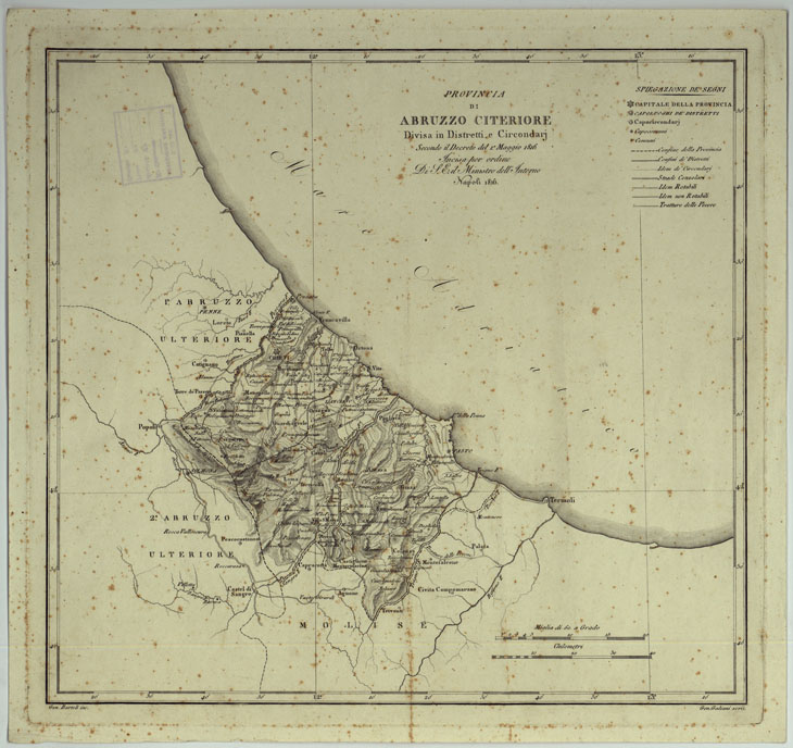 (N:308) ATLANTE DELLE QUINDICI PROVINCIE AL DI QUA DEL FARO DEL REGNO DELLE DUE SICILIE A NORMA DELLA LEGGE DEL 1 MAGGIO 1816. INCISE D'ORDINE DI S. E. IL SEGRETARIO DI STATO MINISTRO DEGLI AFFARI INTERNI DA GENNARO BARTOLI - PROVINCIA D'ABRUZZO CITERIORE. (CA007020) Carte e stampe antiche: riproduzione a colori su carta (formato A2)