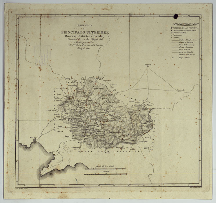 (N:316) ATLANTE DELLE QUINDICI PROVINCIE AL DI QUA DEL FARO DEL REGNO DELLE DUE SICILIE A NORMA DELLA LEGGE DEL 1 MAGGIO 1816. INCISE D'ORDINE DI S. E. IL SEGRETARIO DI STATO MINISTRO DEGLI AFFARI INTERNI DA GENNARO BARTOLI - PROVINCIA DI PRINCIPATO ULTERIORE. (CA007022) Carte e stampe antiche: riproduzione a colori su carta (formato A2)