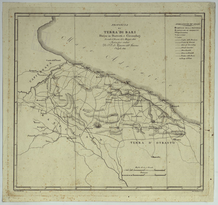 (N:318) ATLANTE DELLE QUINDICI PROVINCIE AL DI QUA DEL FARO DEL REGNO DELLE DUE SICILIE A NORMA DELLA LEGGE DEL 1 MAGGIO 1816. INCISE D'ORDINE DI S. E. IL SEGRETARIO DI STATO MINISTRO DEGLI AFFARI INTERNI DA GENNARO BARTOLI - PROVINCIA DI TERRA DI BARI. (CA007025) Carte e stampe antiche: riproduzione a colori su carta (formato A2)