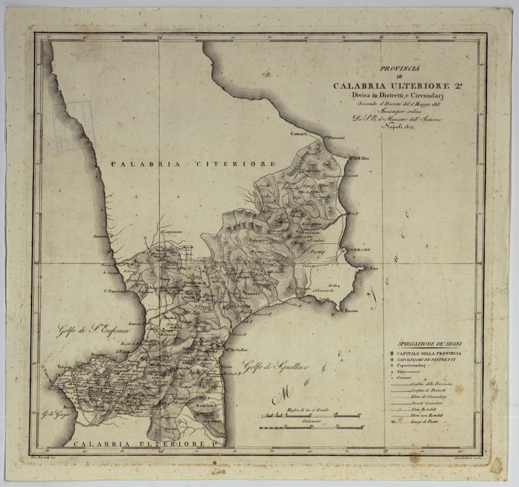 (N:313) ATLANTE DELLE QUINDICI PROVINCIE AL DI QUA DEL FARO DEL REGNO DELLE DUE SICILIE A NORMA DELLA LEGGE DEL 1 MAGGIO 1816. INCISE D'ORDINE DI S. E. IL SEGRETARIO DI STATO MINISTRO DEGLI AFFARI INTERNI DA GENNARO BARTOLI - PROVINCIA DI CALABRIA ULTERIORE 2. (CA007029) Carte e stampe antiche: riproduzione a colori su carta (formato A2)