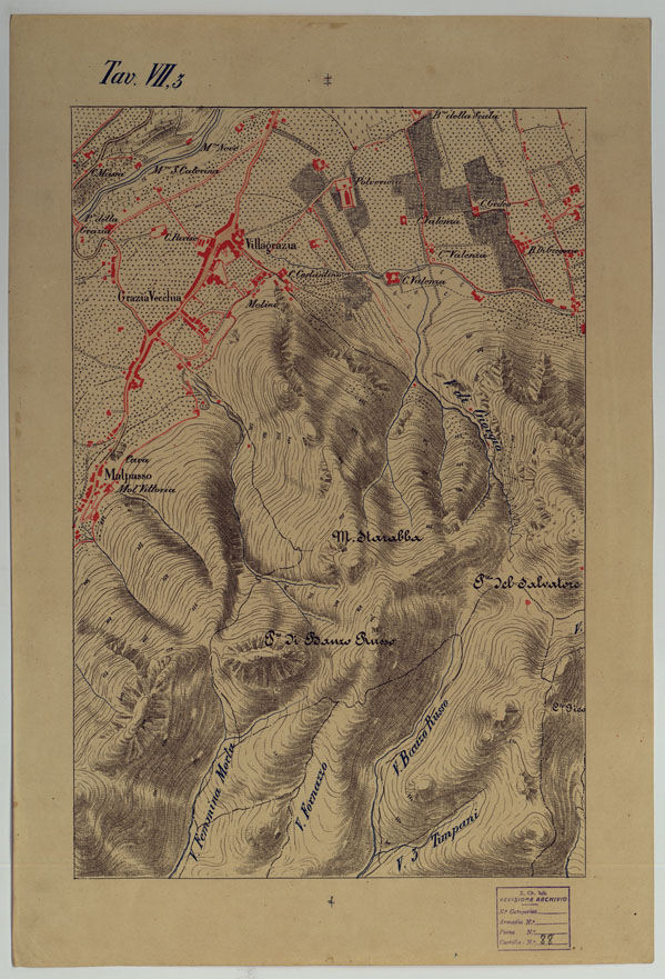 (N:9539) CARTA DEI DINTORNI DI PALERMO ALLA SCALA DI 1 A 10.000 PER LEMANOVRE SULLA CARTA ESEGUITA MEDIANTE INGRANDIMENTO GEOMETRICO DELLA CARTA AL 50.000, RIVEDUTA E COMPLETATA IN OGNI PARTE SUL TERRENO, CON STRUMENTI PER LEVATE SPEDITIVE - TAVOLA VII 3. (CA007337) Carte e stampe antiche: riproduzione a colori su carta (formato A2)