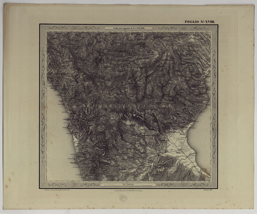 (N:25182) CARTA DELLE PROVINCE NAPOLITANE IN FOGLI 25 FOTOINCISA COL PROCEDIMENTO DEL GENERALE AVET ALLA SCALA DI 1:250.000 COPIA COMPLETA RIVEDUTA DAL 1882 AL 1884 PUBBLICATA DALL'ISTITUTO TOPOGRAFICO MILITARE, 1874 - FOGLIO XVIII. (CA007560) Carte e stampe antiche: riproduzione a colori su carta (formato A2)