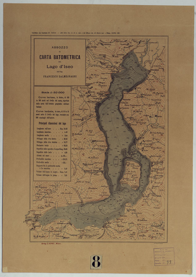 (N:17710) ABBOZZO DI CARTA BATOMETRICA DEL LAGO D'ISEO DELL'ING. FRANCESCO SALMOJRAGHI
 (CA008144) Carte e stampe antiche: riproduzione a colori su carta (formato A2)
