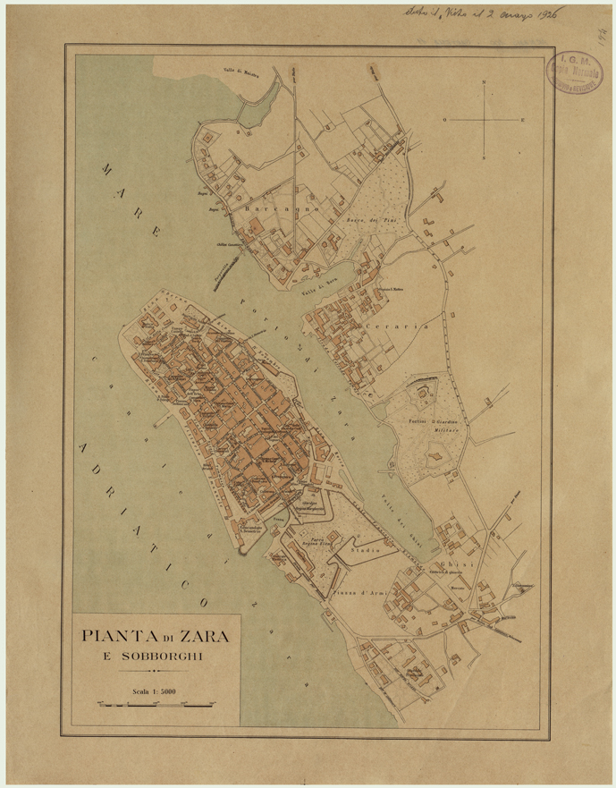 (N:25733) PIANTA DI ZARA E SOBBORGHI. (CA008933) Carte e stampe antiche: riproduzione a colori su carta (formato A2)