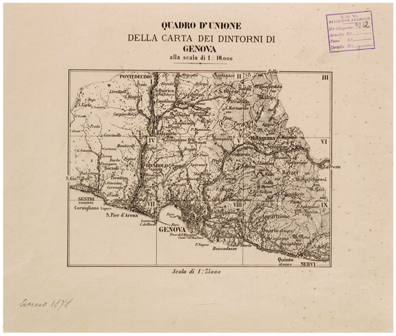 (N:26203) CARTA DEI DINTORNI DI GENOVA - QUADRO D'UNIONE. (CA009417) Carte e stampe antiche: riproduzione a colori su carta (formato A2)