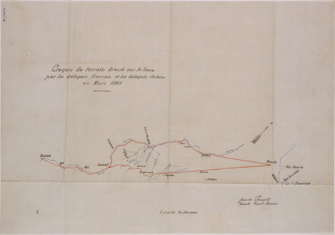 (N:30157) CROQUIS DU TERRAIN DRESSE' SUR LE LIEUX PAR LES DELEGUES FRANCAISE ET LES DELEGUES ITALIENS EN MARS 1901 (SE004080) Carte e stampe antiche: riproduzione a colori su carta (formato A3)