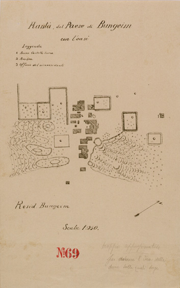 (N:30398) PIANTA DEL PAESE DI BUNGEIM CON L'OASI. (SE004434) Carte e stampe antiche: riproduzione a colori su carta (formato A3)