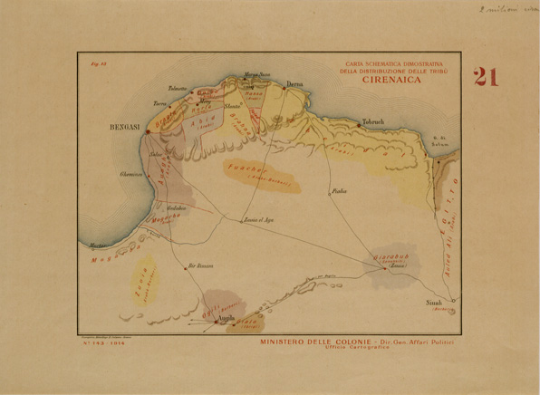 (N:30452) CARTA SCHEMATICA DIMOSTRATIVA DELLA DISTRIBUZIONE DELLE TRIBU' CIRENAICA. (SE004484) Carte e stampe antiche: riproduzione a colori su carta (formato A3)