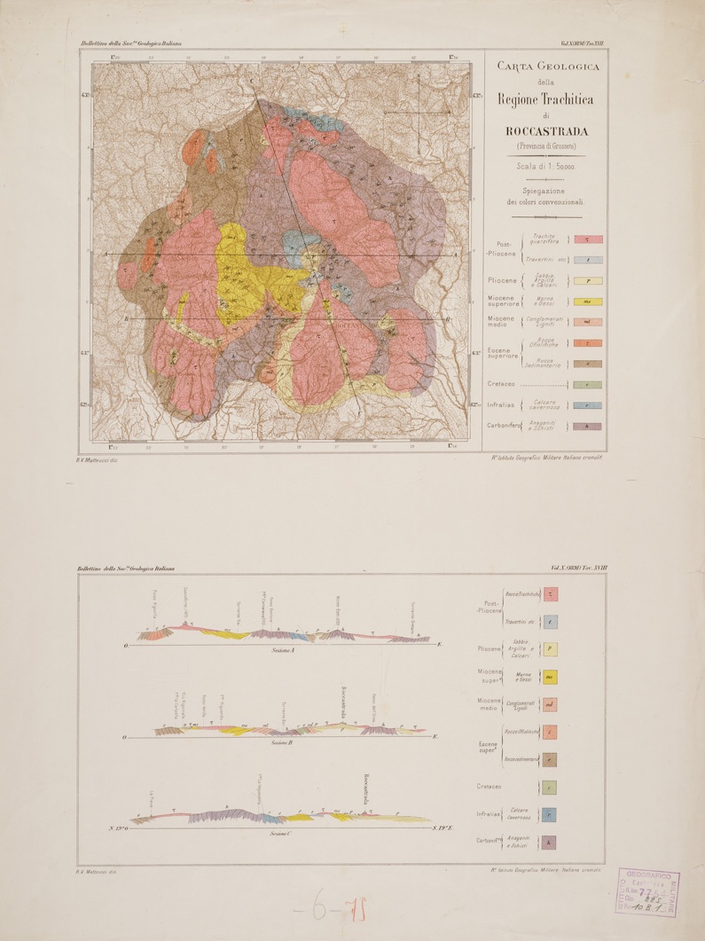 (N:5272) CARTA GEOLOGICA DELLA REGIONE TRACHITICA DI ROCCASTRADA - PROV. DI GROSSETO (B0000768) Carte e stampe antiche: riproduzione a colori su carta (formato A3)