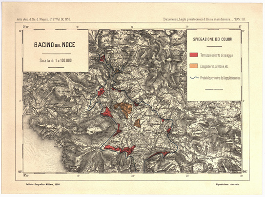 (N:387) BACINO DEL NOCE ATTI ACC. D. SC. D. NAPOLI, S.2 VOL. IX, N 61. DE LORENZO, LAGHI PLEISTOCENICI D'ITALIA MERIDIONALE - Tavola III (B0001360) Carte e stampe antiche: riproduzione a colori su carta (formato A3)
