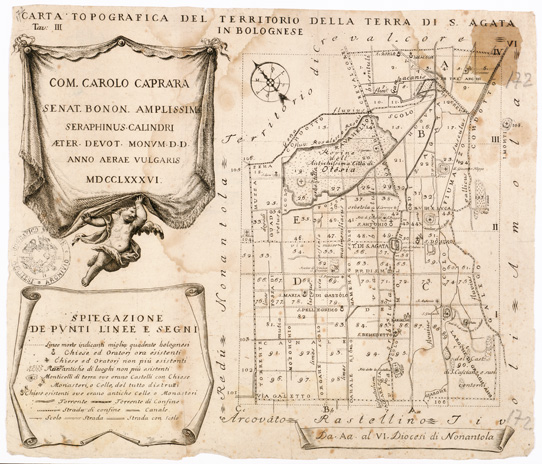 (N:6911) CARTA TOPOGRAFICA DEL TERRITORIO DELLA TERRA DI S. AGATA IN BOLOGNESE TAV. III COM. CAROLO CAPRARA. SENAT. BONON. AMPLISSIMO SERAPHINUS-CALINDRI AETER. DEVOT. MONUM. D. D. ANNO AERAE VULGARIS MDCCLXXXVI. (B0002366) Carte e stampe antiche: riproduzione a colori su carta (formato A3)