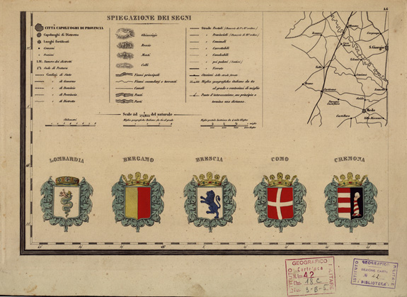 (N:860) CARTA COROGRAFICA ITINERARIA E STATISTICA DEL REGNO LOMBARDO-VENETO... - A 6 - stemmi e spiegazione dei segni (B0003376) Carte e stampe antiche: riproduzione a colori su carta (formato A3)