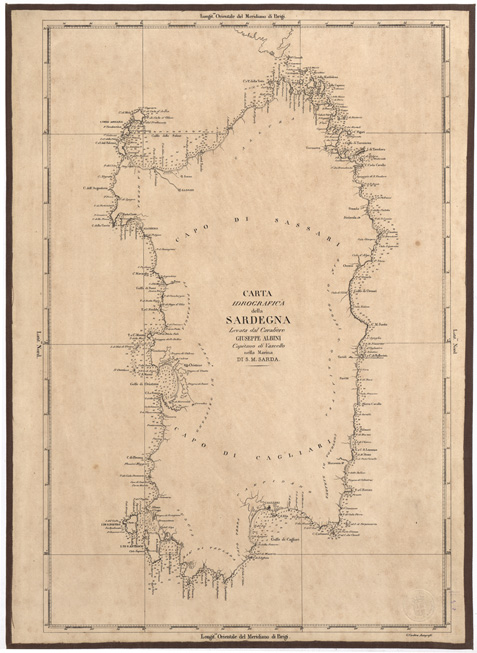 (N:5430) CARTA IDROGRAFICA DELLA SARDEGNA LEVATA DAL CAVALIERE GIUSEPPE ALBINI CAPITANO DI VASCELLO NELLA MARINA DI S.M. SARDA. (B0004786) Carte e stampe antiche: riproduzione a colori su carta (formato A3)