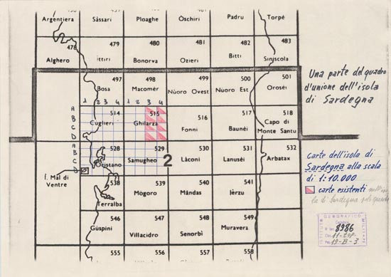 (N:6149) CARTA TECNICA DELL'ITALIA MERIDIONALE - INIZIO DEI RILIEVI SARDEGNA PER CONTO DELLA CASSA PER IL MEZZOGIORNO - Quadro d'Unione (B0004806) Carte e stampe antiche: riproduzione a colori su carta (formato A3)