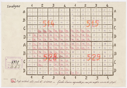 (N:6068) CARTA TECNICA DELL'ITALIA MERIDIONALE - INIZIO DEI RILIEVI SARDEGNA PER CONTO DELLA CASSA PER IL MEZZOGIORNO - Quadro d'Unione (2) (B0004824) Carte e stampe antiche: riproduzione a colori su carta (formato A3)