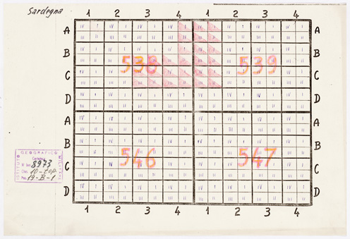 (N:6069) CARTA TECNICA DELL'ITALIA MERIDIONALE - INIZIO DEI RILIEVI SARDEGNAPER CONTO DELLA CASSA PER IL MEZZOGIORNO - Quadro d'Unione (3) (B0004825) Carte e stampe antiche: riproduzione a colori su carta (formato A3)