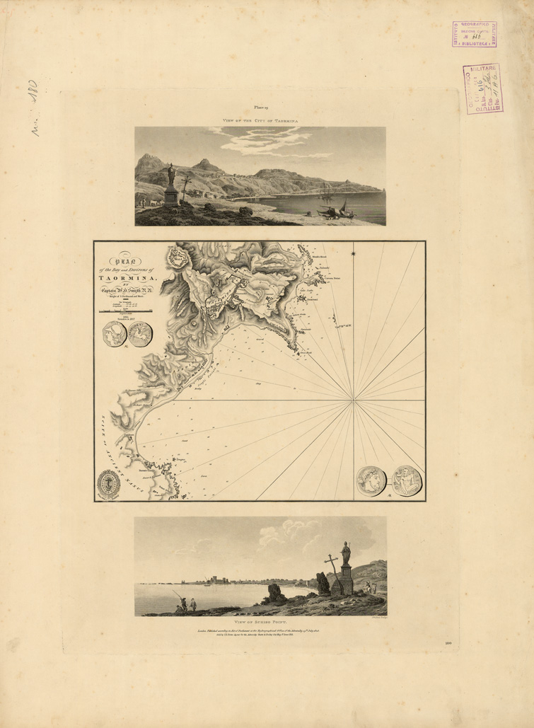 (N:16418) PLAN OF THE BAY AND ENVIRONS OF TAORMINA BY CAPTAIN SMYTH. KNIGHT OF S. FERDINAND AND MERIT (B0005390) Carte e stampe antiche: riproduzione a colori su carta (formato A3)