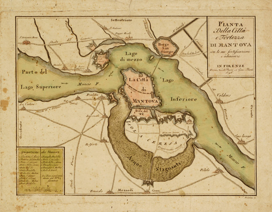 (N:13814) PIANTA DELLA CITTA'E FORTEZZA DI MANTOVA CON LE SUE FORTIFICAZIONI E ADIACENZE. (B0006465) Carte e stampe antiche: riproduzione a colori su carta (formato A3)