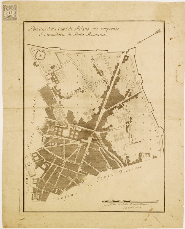 (N:13642) PIANTA DELLA CITTA' DI MILANO DIVISA IN CIRCONDARI. - Foglio 1 - Porzione della Citt di Milano che comprende il Circondario di Porta Romana (B0007248) Carte e stampe antiche: riproduzione a colori su carta (formato A3)