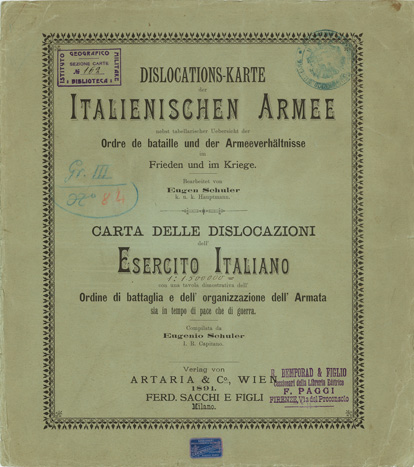 (N:3787) CARTA DELLE DISLOCAZIONI DELL'ESERCITO ITALIANO CON UNA TAVOLA DIMOSTRATIVA DELL'ORDINE DI BATTAGLIA E DELL'ORGANIZZAZIONE DELL'ARMATA SIA IN TEMPO DI PACE CHE DI GUERRA - Intestazione (B0008379) Carte e stampe antiche: riproduzione a colori su carta (formato A3)